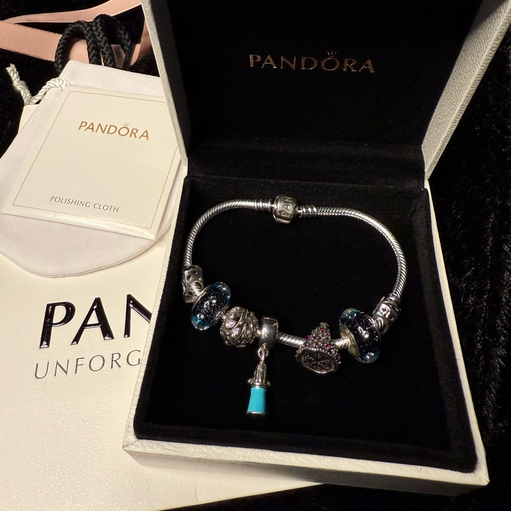 SOLD Pandora Silver Bracelet with Blue Charms